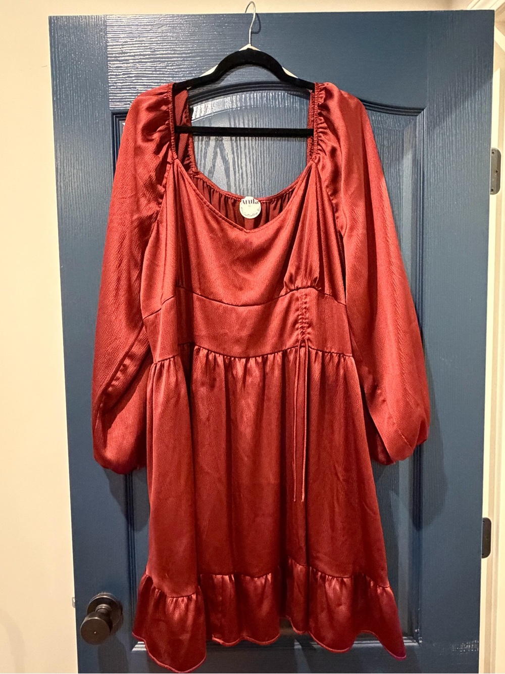 ARULA Rust Red Satin Peasant Tunic Dress